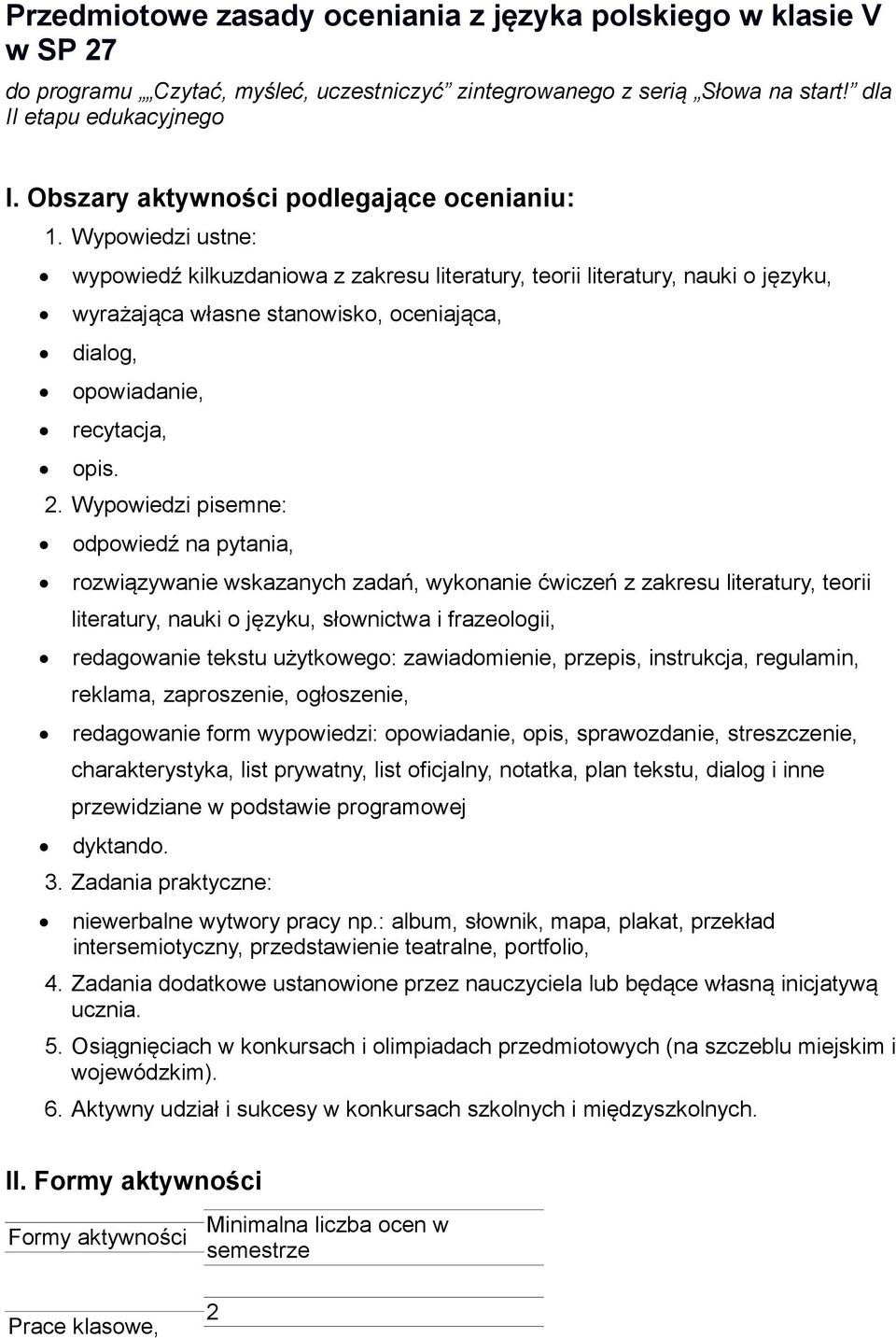 Wypowiedzi ustne: wypowiedź kilkuzdaniowa z zakresu literatury, teorii literatury, nauki o języku, wyrażająca własne stanowisko, oceniająca, dialog, opowiadanie, recytacja, opis. 2.