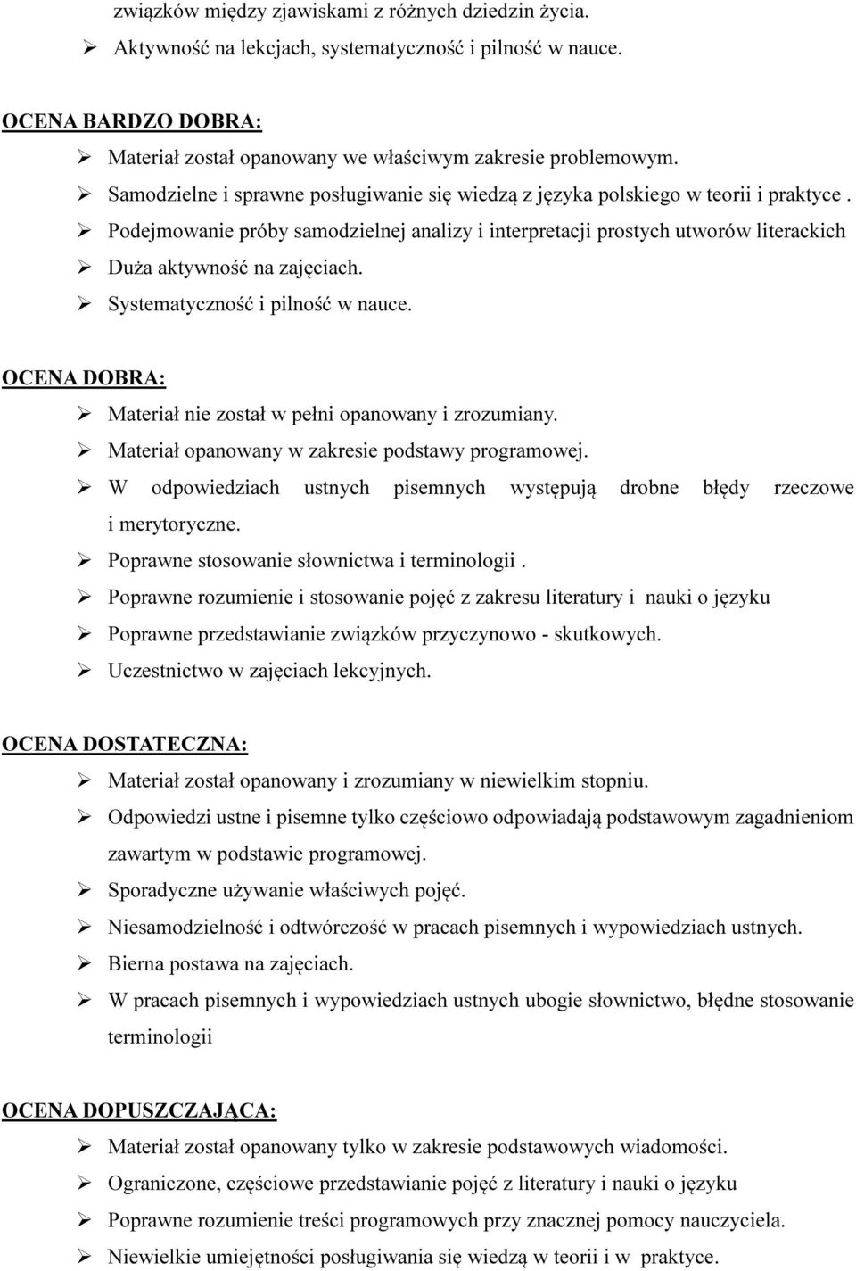 Systematyczność i pilność w nauce. OCENA DOBRA: Materiał nie został w pełni opanowany i zrozumiany. Materiał opanowany w zakresie podstawy programowej.