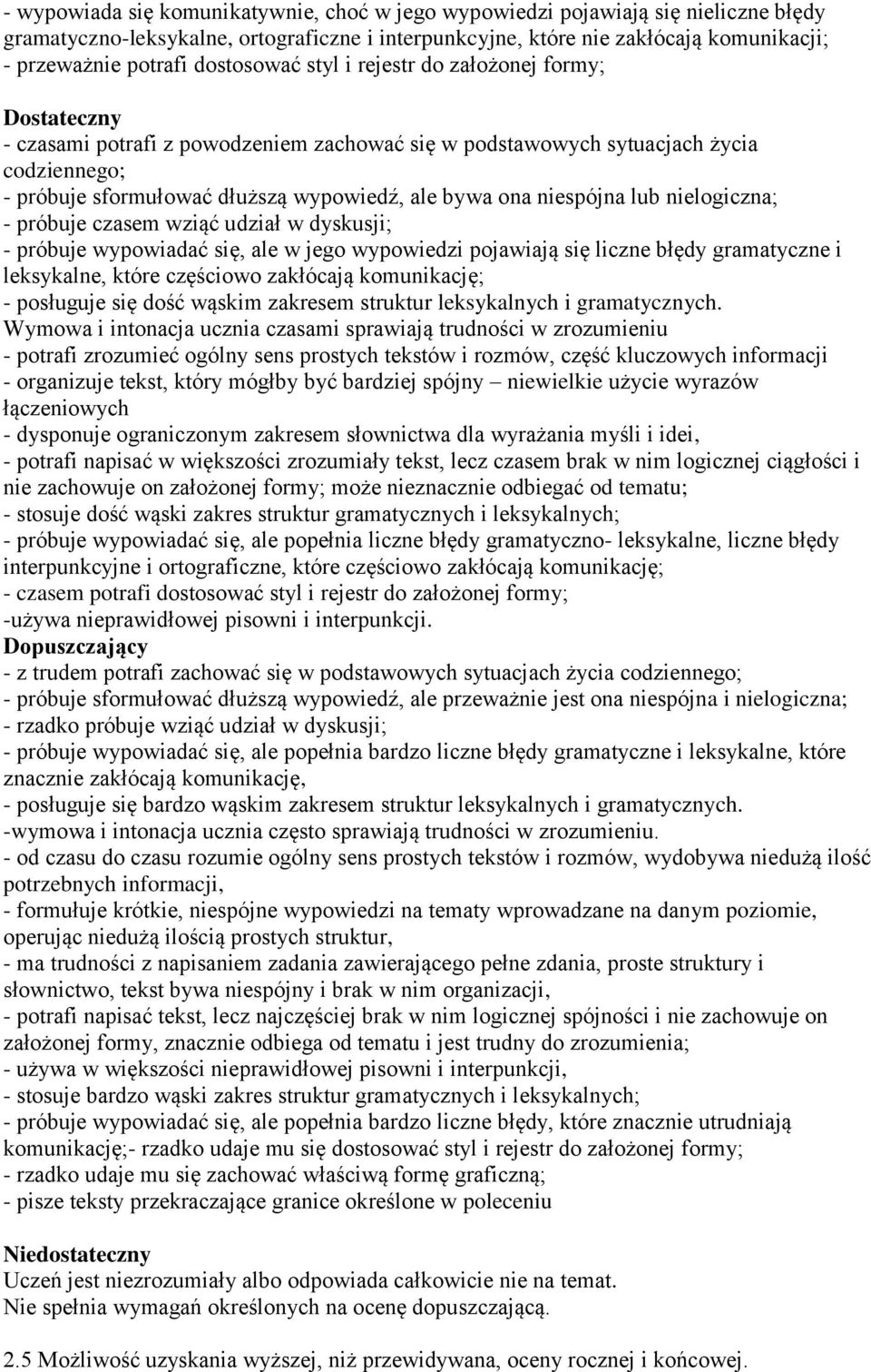 ona niespójna lub nielogiczna; - próbuje czasem wziąć udział w dyskusji; - próbuje wypowiadać się, ale w jego wypowiedzi pojawiają się liczne błędy gramatyczne i leksykalne, które częściowo zakłócają