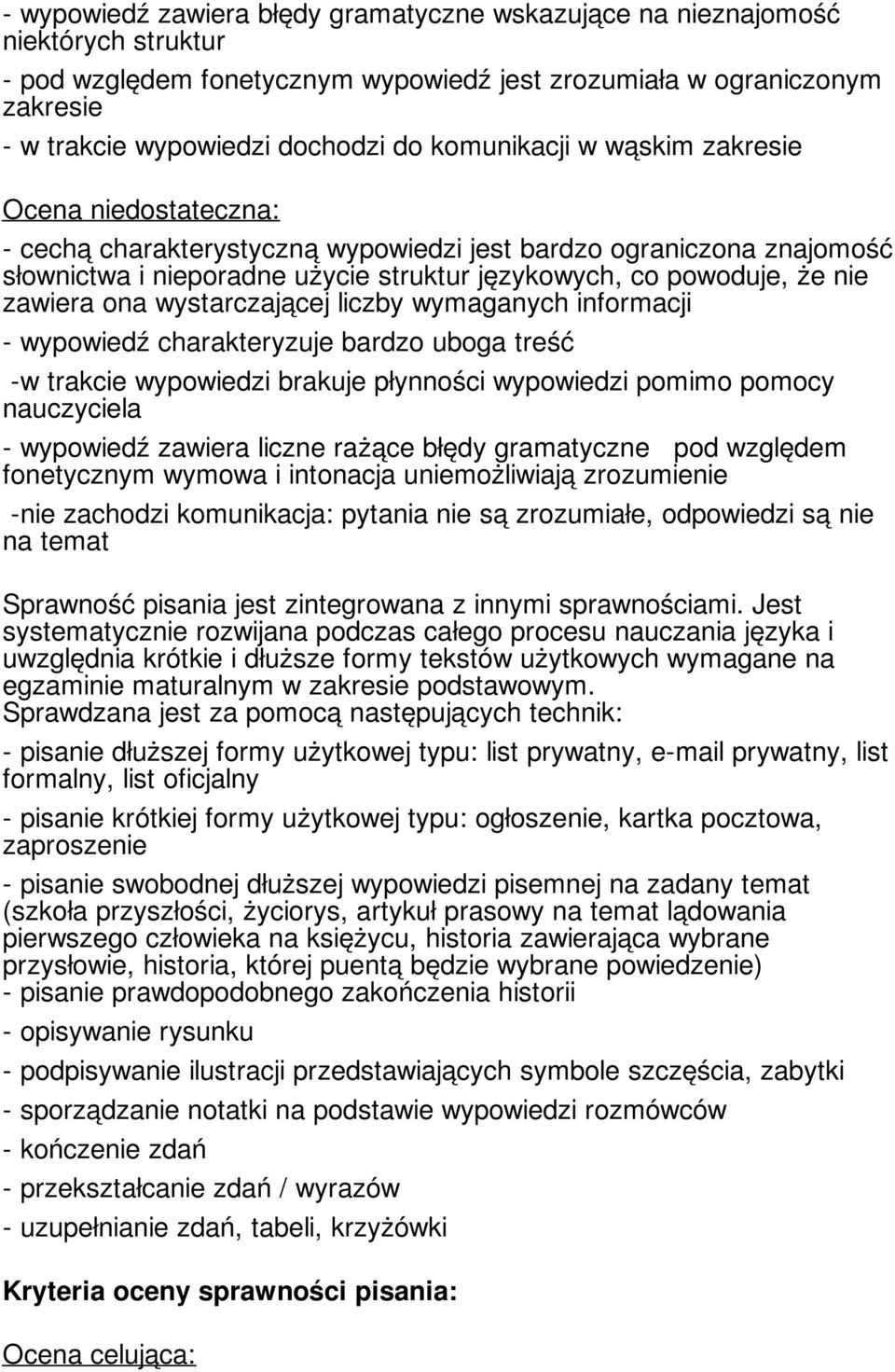 zawiera ona wystarczającej liczby wymaganych informacji - wypowiedź charakteryzuje bardzo uboga treść -w trakcie wypowiedzi brakuje płynności wypowiedzi pomimo pomocy nauczyciela - wypowiedź zawiera