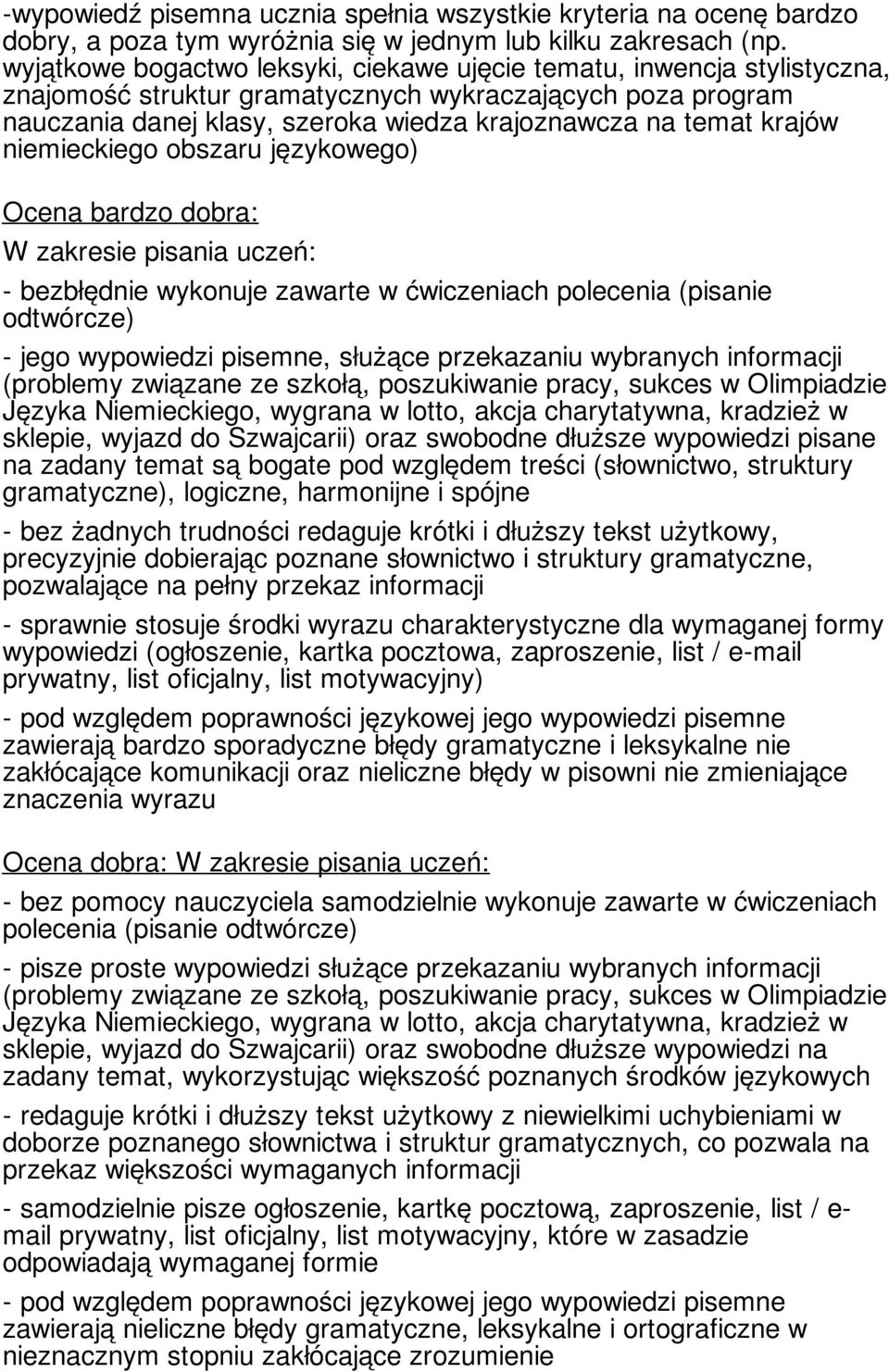 krajów niemieckiego obszaru językowego) Ocena bardzo dobra: W zakresie pisania uczeń: - bezbłędnie wykonuje zawarte w ćwiczeniach polecenia (pisanie odtwórcze) - jego wypowiedzi pisemne, służące