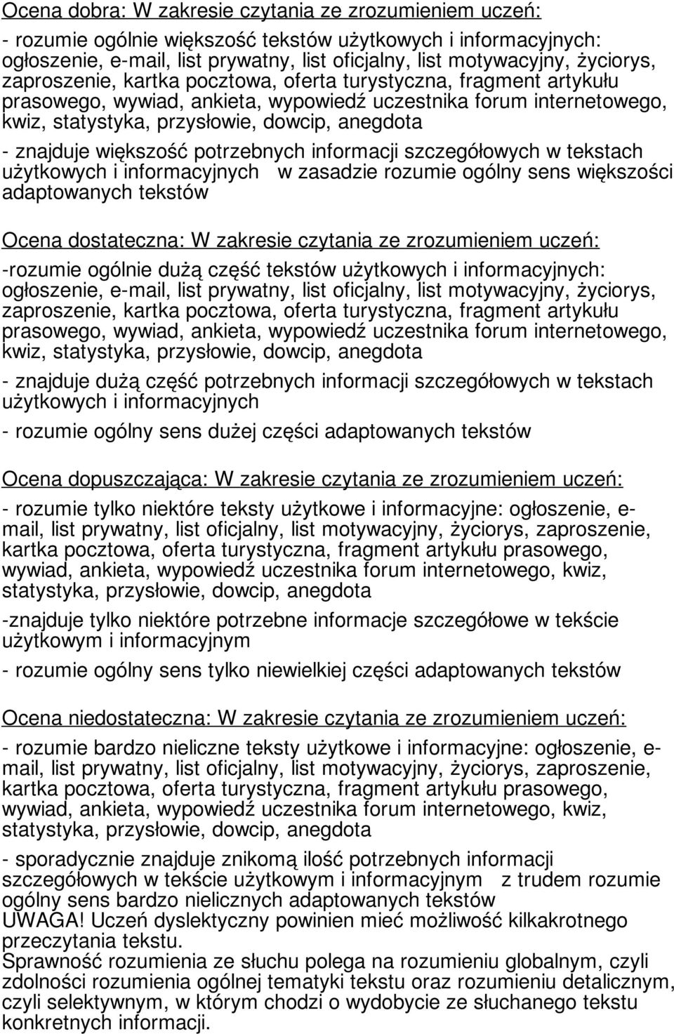 większość potrzebnych informacji szczegółowych w tekstach użytkowych i informacyjnych w zasadzie rozumie ogólny sens większości adaptowanych tekstów Ocena dostateczna: W zakresie czytania ze