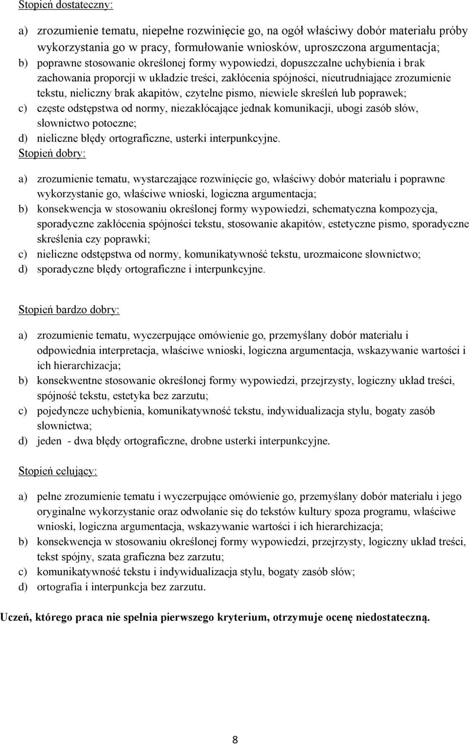 czytelne pismo, niewiele skreśleń lub poprawek; c) częste odstępstwa od normy, niezakłócające jednak komunikacji, ubogi zasób słów, słownictwo potoczne; d) nieliczne błędy ortograficzne, usterki