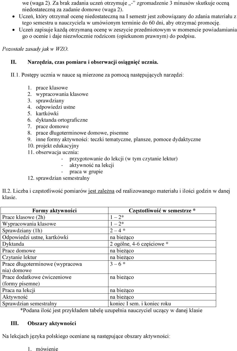 Uczeń zapisuje każdą otrzymaną ocenę w zeszycie przedmiotowym w momencie powiadamiania go o ocenie i daje niezwłocznie rodzicom (opiekunom prawnym) do podpisu. Pozostałe zasady jak w WZO. II.