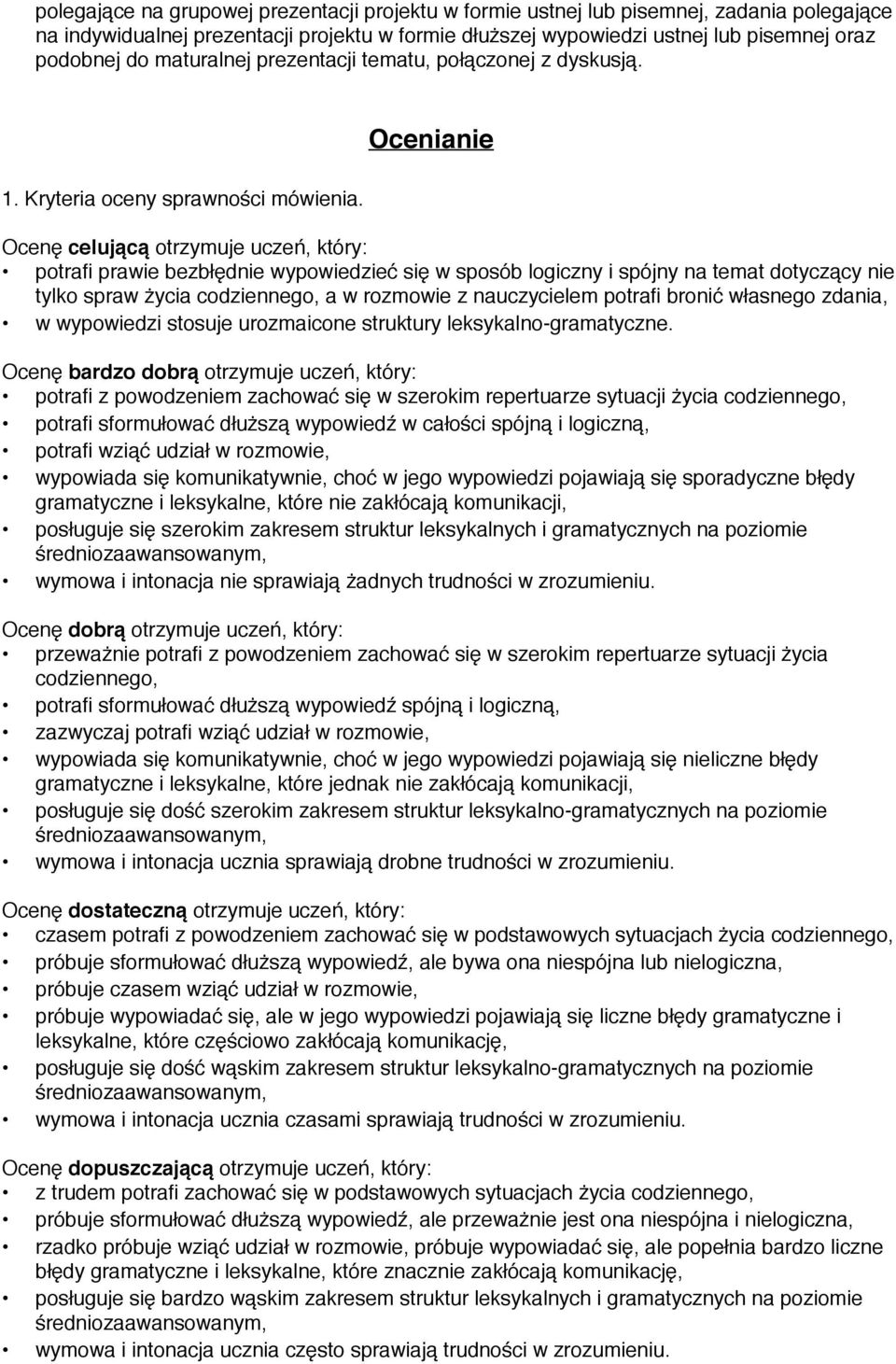 Ocenianie Ocenę celującą otrzymuje uczeń, który: potrafi prawie bezbłędnie wypowiedzieć się w sposób logiczny i spójny na temat dotyczący nie tylko spraw życia codziennego, a w rozmowie z