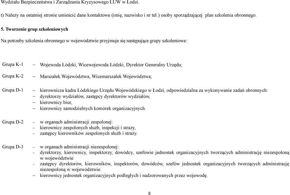 Grupa K-2 Marszałek Województwa, Wicemarszałek Województwa; Grupa D-1 kierownicza kadra Łódzkiego Urzędu Wojewódzkiego w Łodzi, odpowiedzialna za wykonywanie zadań obronnych: dyrektorzy wydziałów,