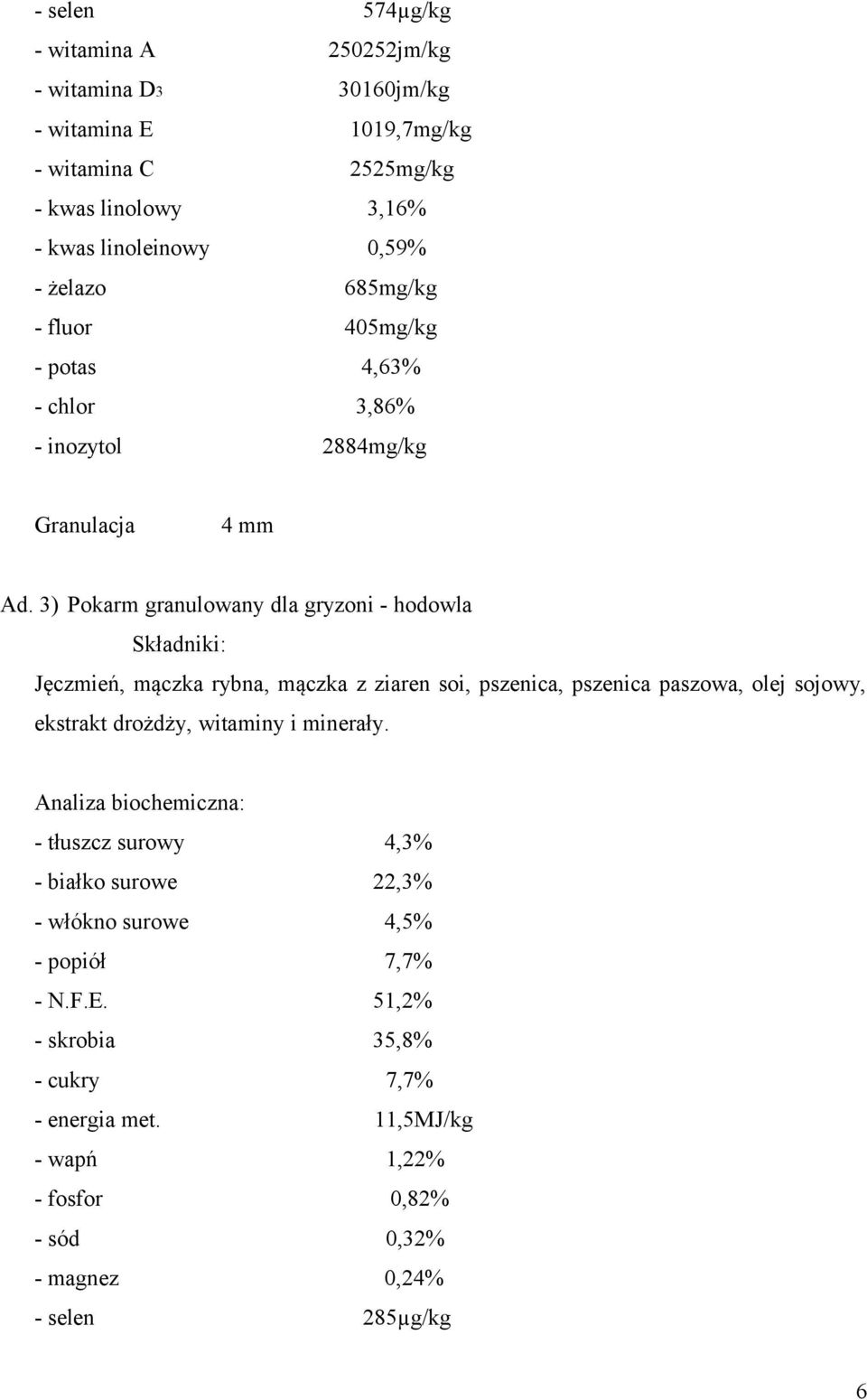 3) Pokarm granulowany dla gryzoni - hodowla Jęczmień, mączka rybna, mączka z ziaren soi, pszenica, pszenica paszowa, olej sojowy, ekstrakt drożdży, witaminy i