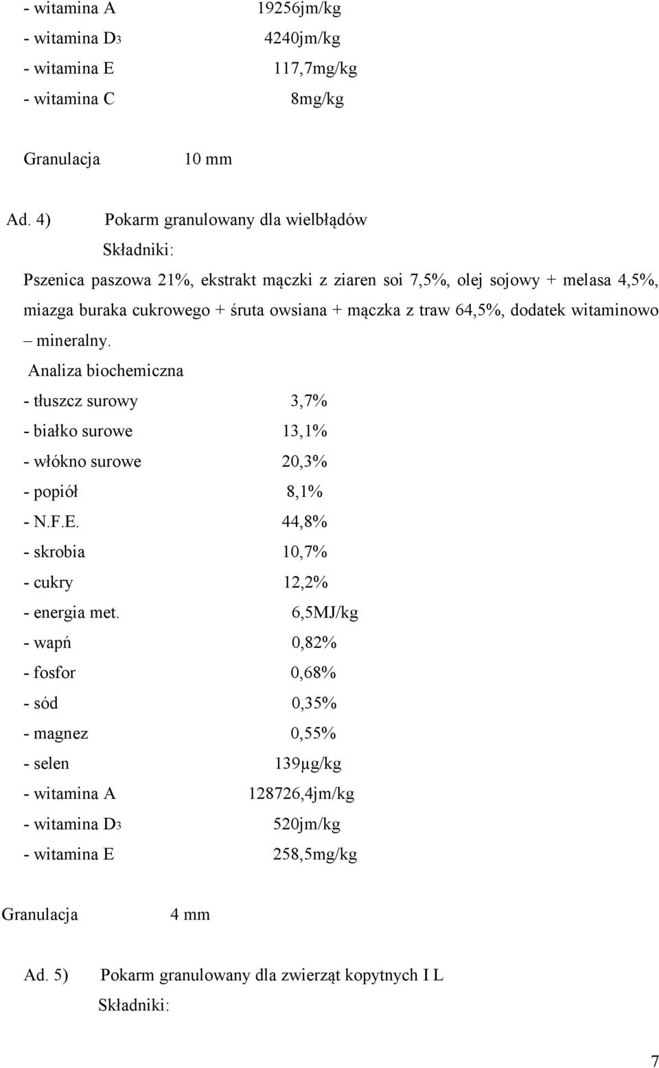 traw 64,5%, dodatek witaminowo mineralny. Analiza biochemiczna - tłuszcz surowy 3,7% - białko surowe 13,1% - włókno surowe 20,3% - popiół 8,1% - N.F.E.