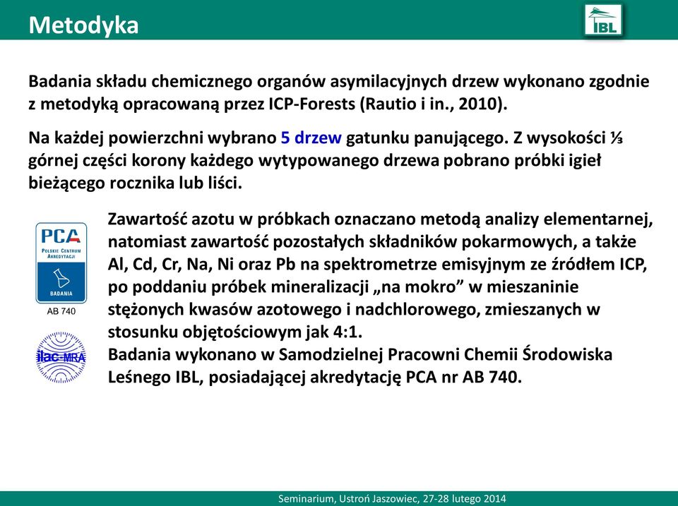 Zawartość azotu w próbkach oznaczano metodą analizy elementarnej, natomiast zawartość pozostałych składników pokarmowych, a także Al, Cd, Cr, Na, Ni oraz Pb na spektrometrze emisyjnym ze