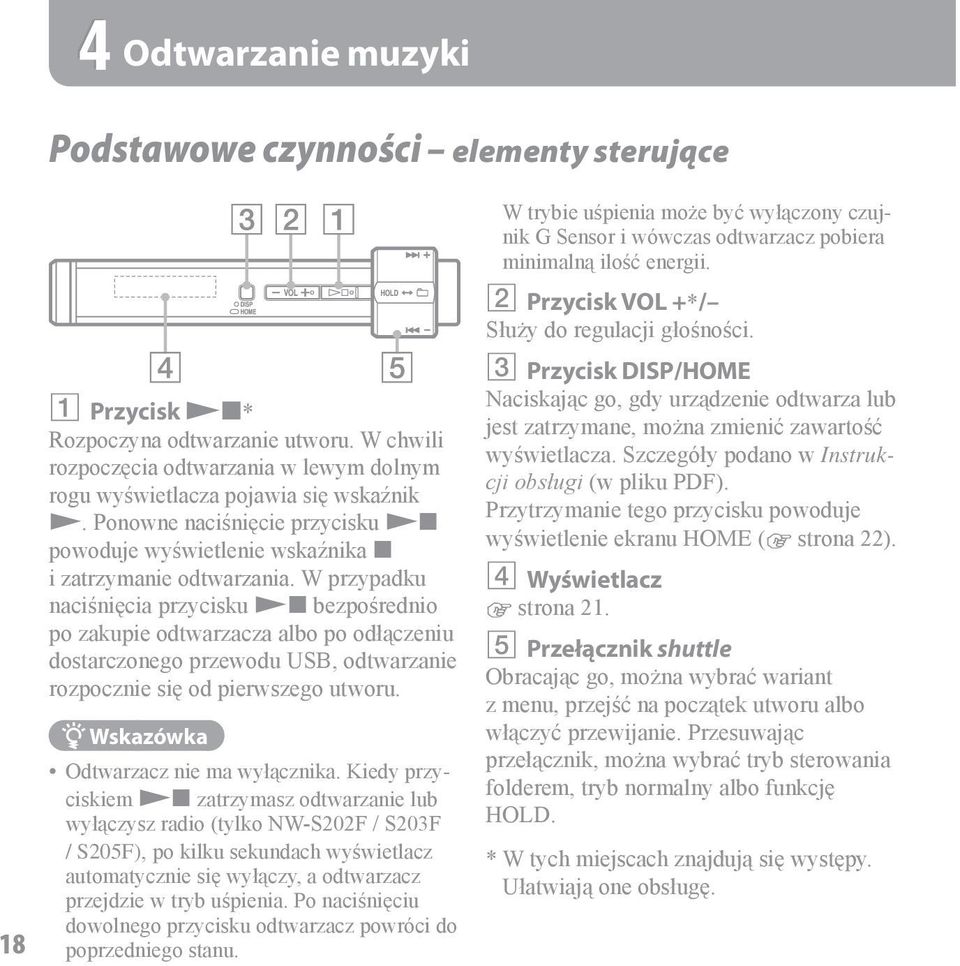 W przypadku naciśnięcia przycisku Nx bezpośrednio po zakupie odtwarzacza albo po odłączeniu dostarczonego przewodu USB, odtwarzanie rozpocznie się od pierwszego utworu.