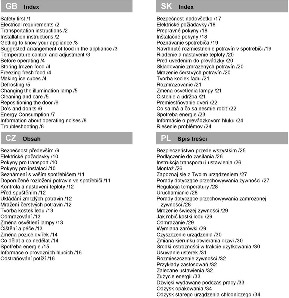 Repositioning the door /6 Do s and don ts /6 Energy Consumption /7 Information about operating noises /8 Troubleshooting /8 CZ Obsah Bezpečnost především /9 Elektrické požadavky /10 Pokyny pro