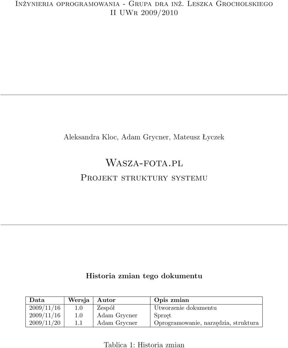 pl Projekt struktury systemu Historia zmian tego dokumentu Data Wersja Autor Opis zmian 2009/11/16