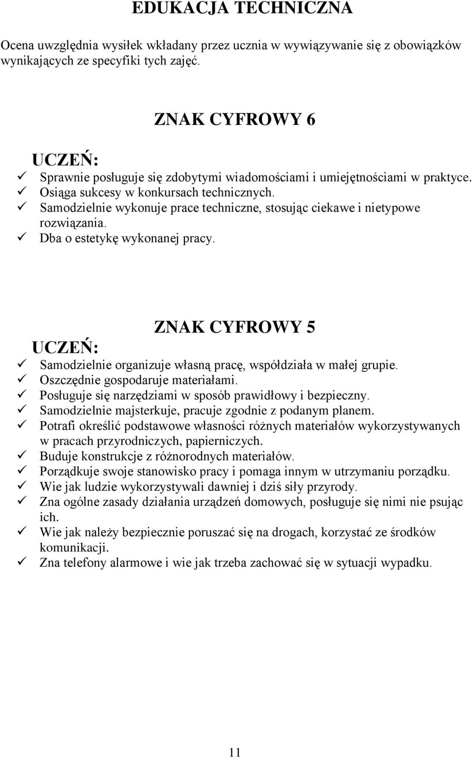 Samodzielnie wykonuje prace techniczne, stosując ciekawe i nietypowe rozwiązania. Dba o estetykę wykonanej pracy. ZNAK CYFROWY 5 Samodzielnie organizuje własną pracę, współdziała w małej grupie.