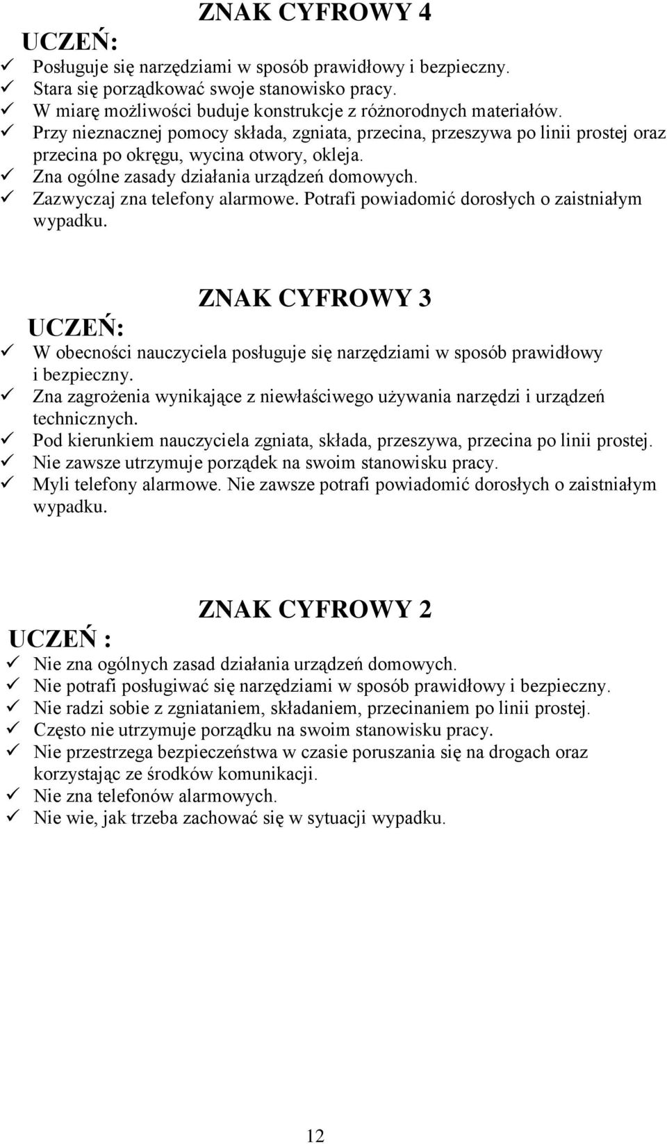 Zazwyczaj zna telefony alarmowe. Potrafi powiadomić dorosłych o zaistniałym wypadku. ZNAK CYFROWY 3 W obecności nauczyciela posługuje się narzędziami w sposób prawidłowy i bezpieczny.