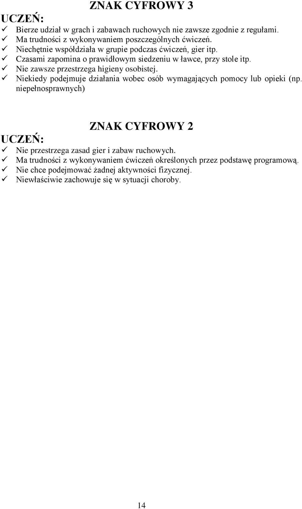 Nie zawsze przestrzega higieny osobistej. Niekiedy podejmuje działania wobec osób wymagających pomocy lub opieki (np.