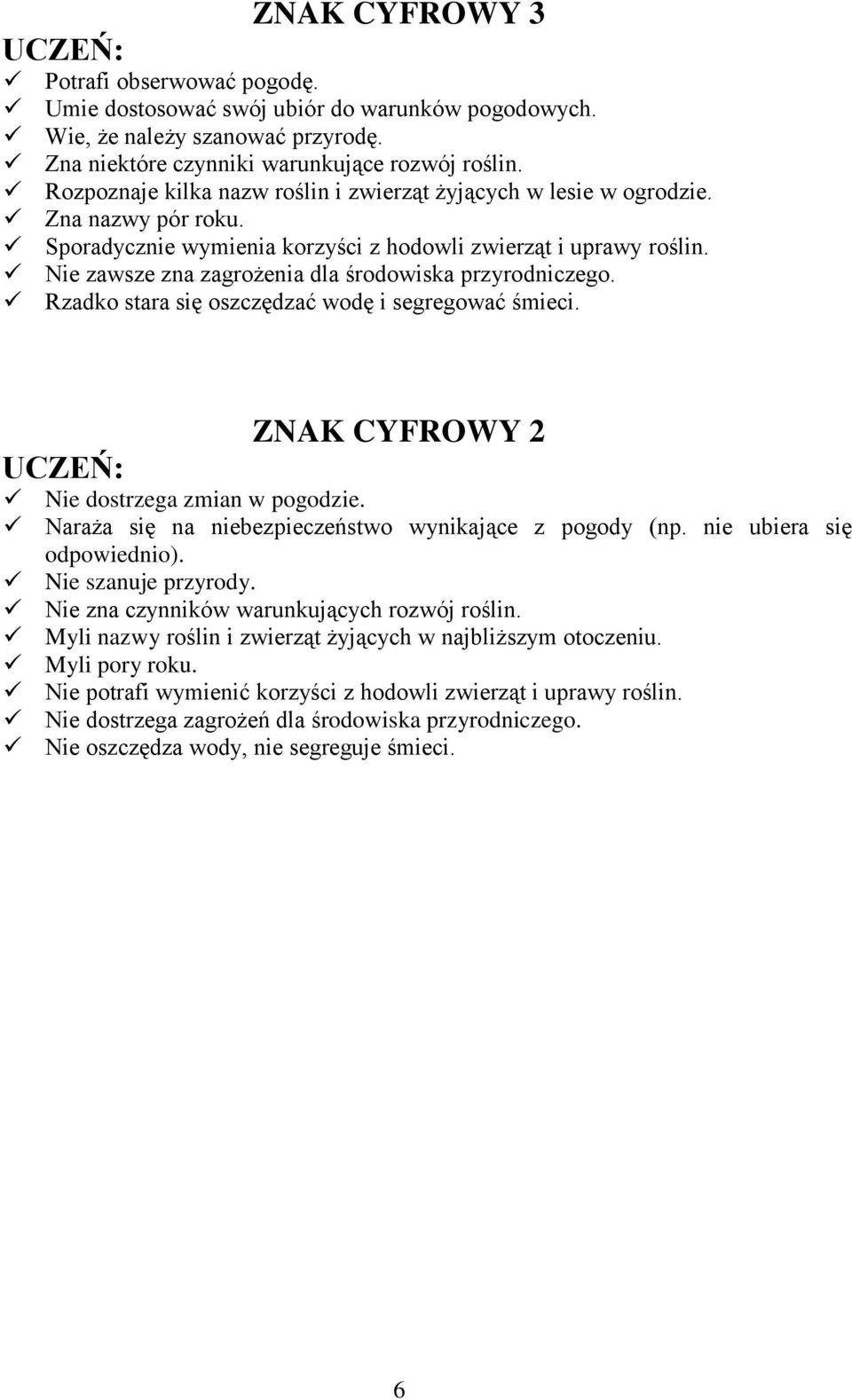 Nie zawsze zna zagrożenia dla środowiska przyrodniczego. Rzadko stara się oszczędzać wodę i segregować śmieci. ZNAK CYFROWY 2 Nie dostrzega zmian w pogodzie.