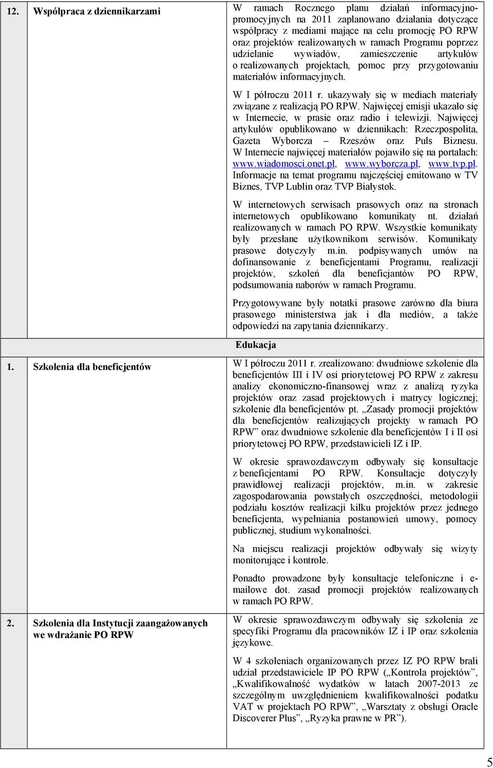 ukazywały się w mediach materiały związane z realizacją PO RPW. Najwięcej emisji ukazało się w Internecie, w prasie oraz radio i telewizji.