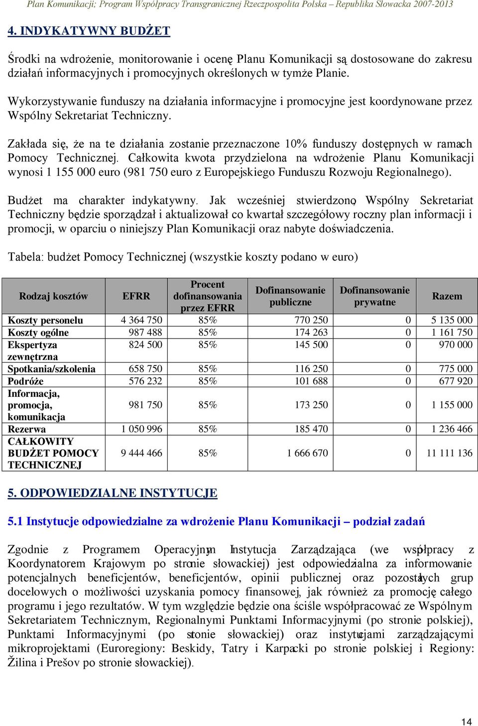 Zakłada się, że na te działania zostanie przeznaczone 10% funduszy dostępnych w ramach Pomocy Technicznej.