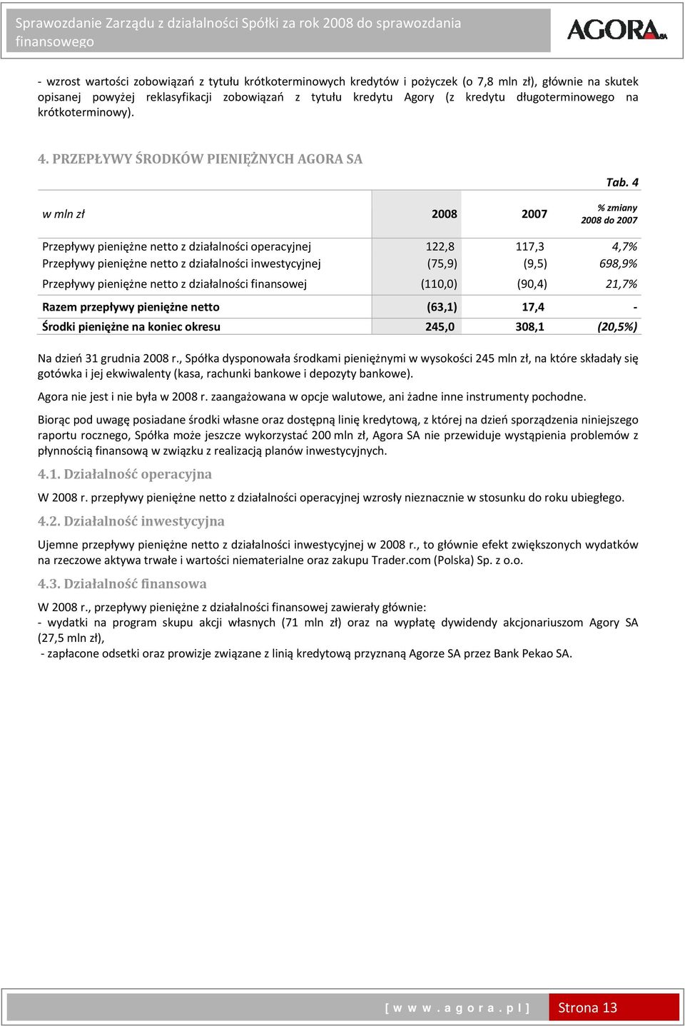 4 % zmiany 2008 do 2007 Przepływy pieniężne netto z działalności operacyjnej 122,8 117,3 4,7% Przepływy pieniężne netto z działalności inwestycyjnej (75,9) (9,5) 698,9% Przepływy pieniężne netto z