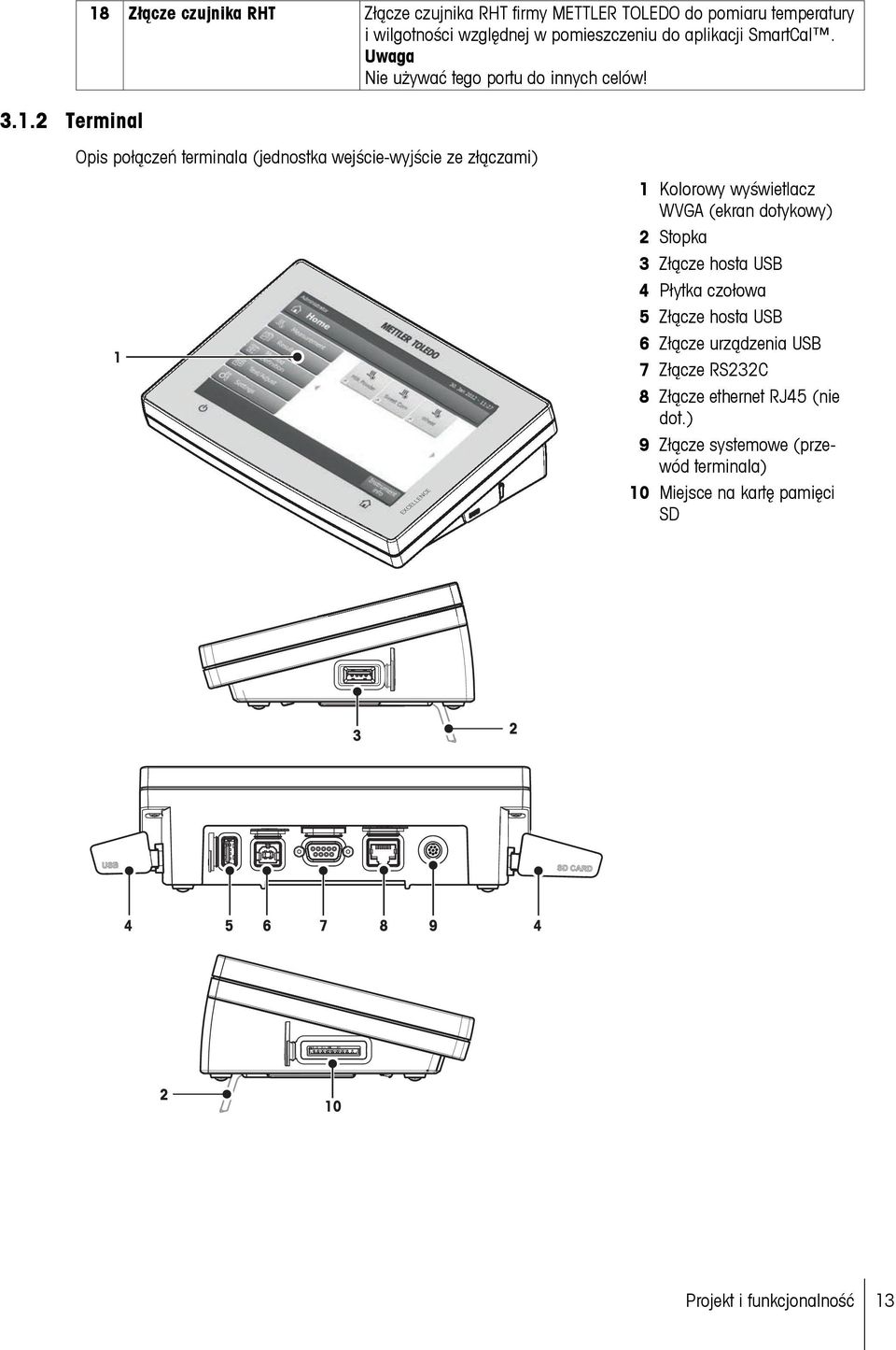 Opis połączeń terminala (jednostka wejście-wyjście ze złączami) 1 EXCELLENCE 1 Kolorowy wyświetlacz WVGA (ekran dotykowy) 2 Stopka 3 Złącze hosta