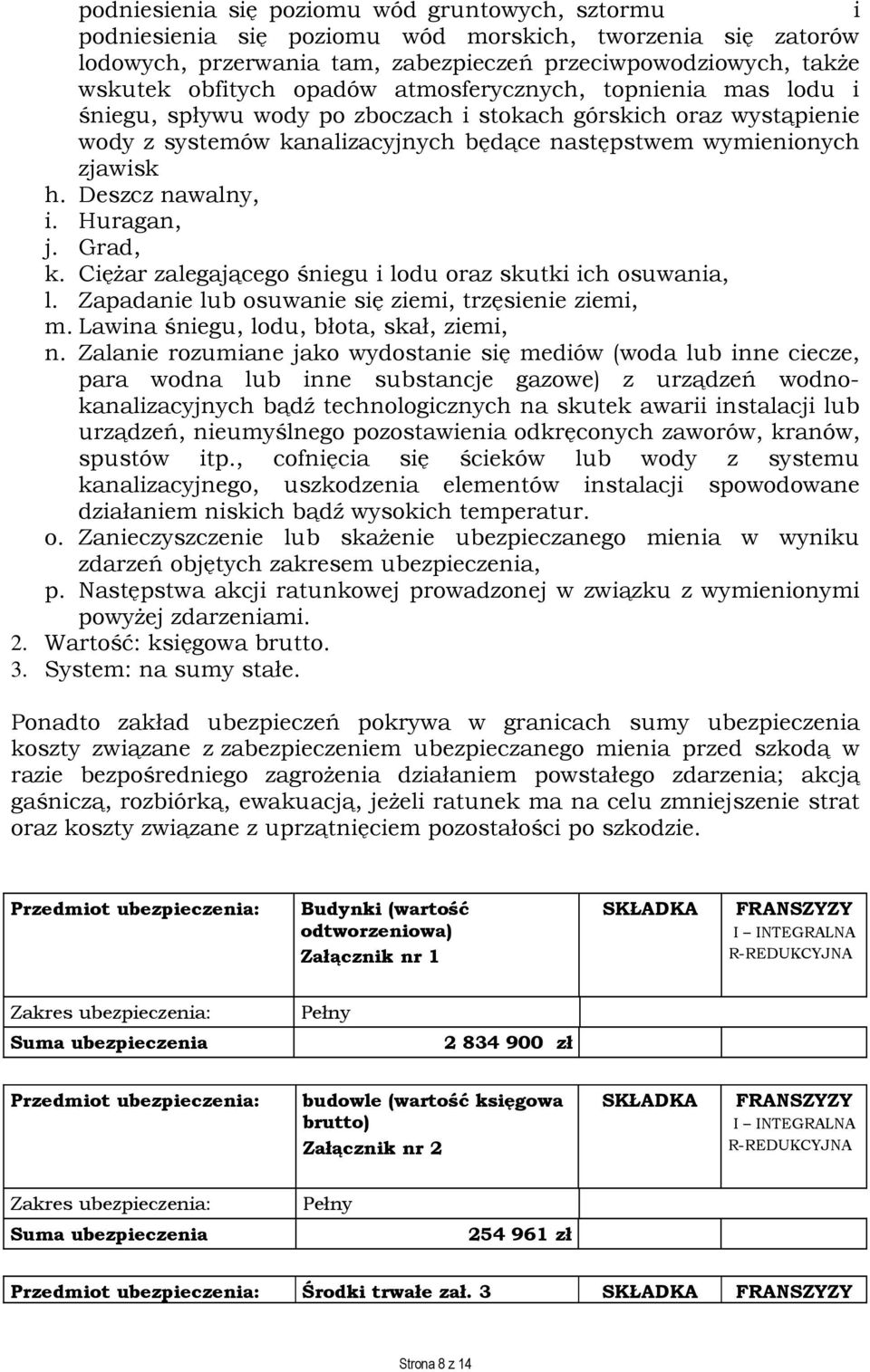 Deszcz nawalny, i. Huragan, j. Grad, k. Ciężar zalegającego śniegu i lodu oraz skutki ich osuwania, l. Zapadanie lub osuwanie się ziemi, trzęsienie ziemi, m.