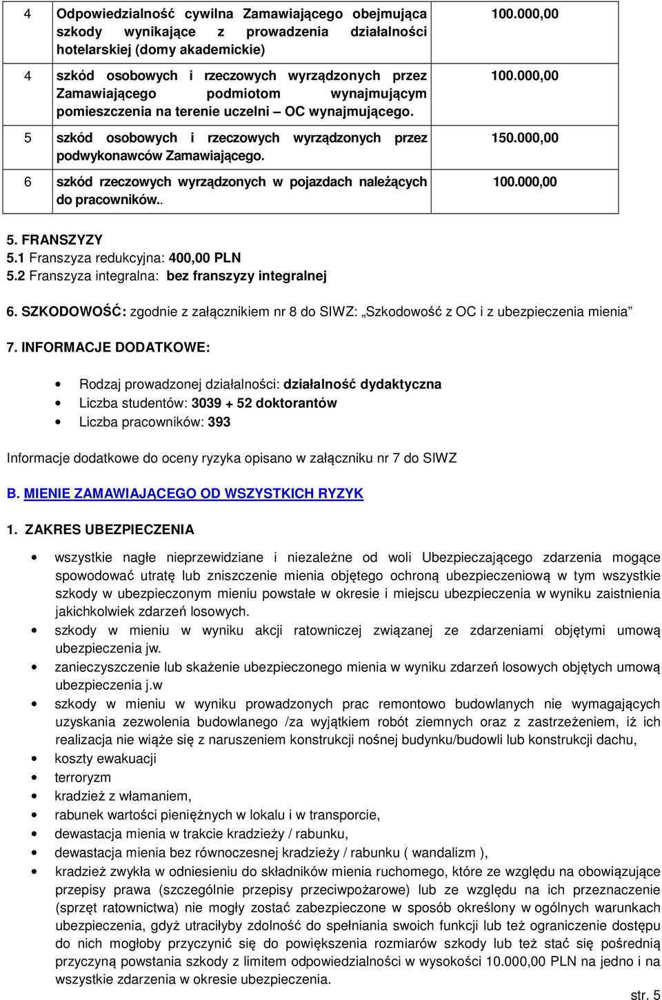 6 szkód rzeczowych wyrządzonych w pojazdach należących do pracowników.. 100.000,00 100.000,00 150.000,00 100.000,00 5. FRANSZYZY 5.1 Franszyza redukcyjna: 400,00 PLN 5.