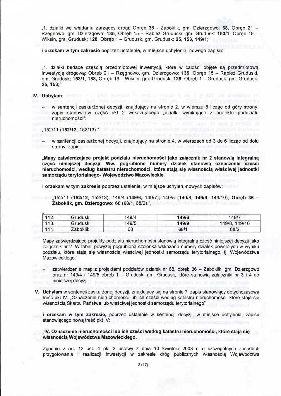 dzialki bqdqce czqsciq przedmiotowej inwestycji, kt6re w cafo5ci objqte sq przedmiotowq inwestycjq drogowq: Obrqb 21 - Rzggnowo, gm. Dzierzgowo: 135, Obrqb 15 - Rqbie2 Gruduski, gm.