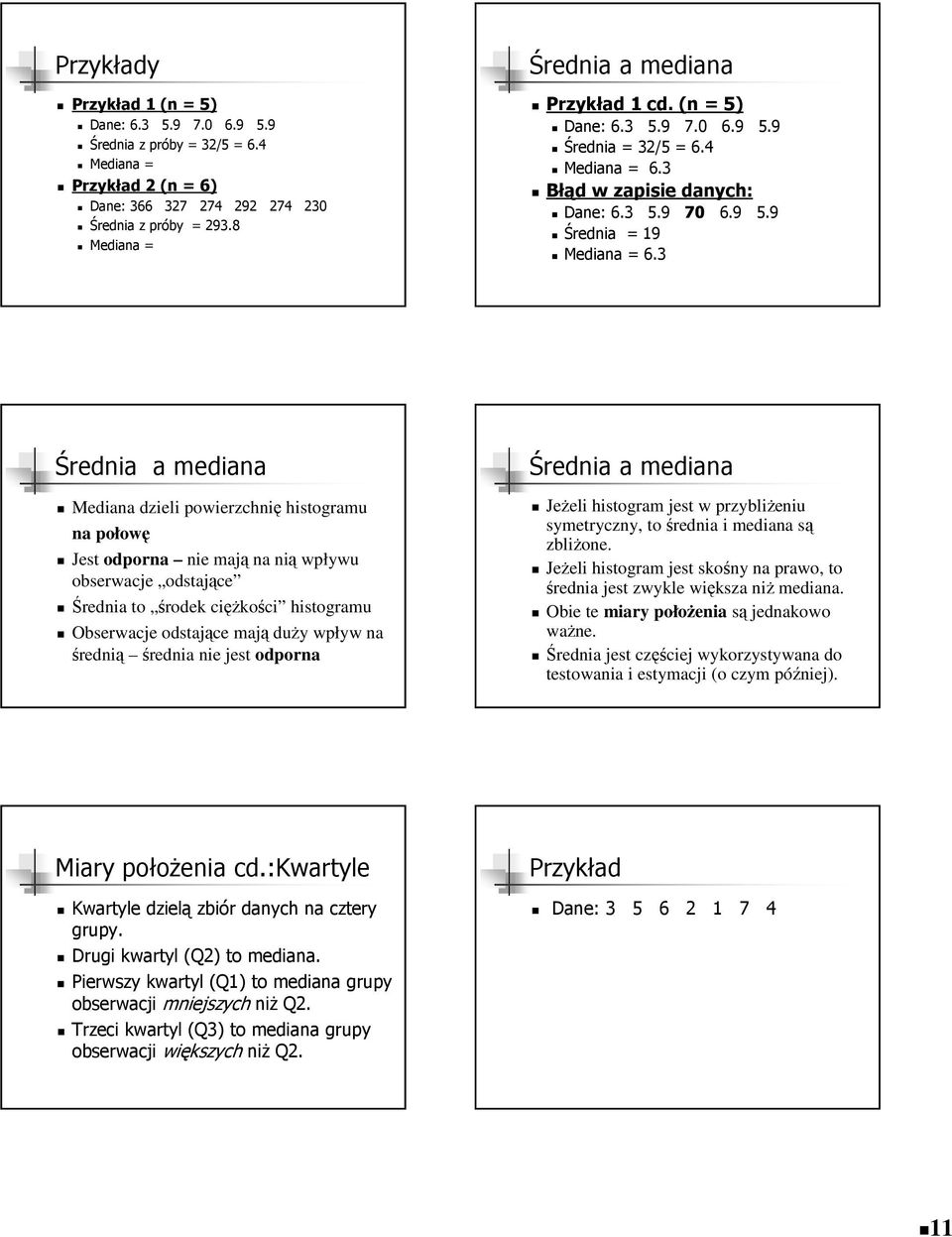 Średnia a mediana Mediana dzieli powierzchnię histogramu na połowę Jest odporna nie mają na nią wpływu obserwacje odstające Średnia to środek ciężkości histogramu Obserwacje odstające mają duży wpływ