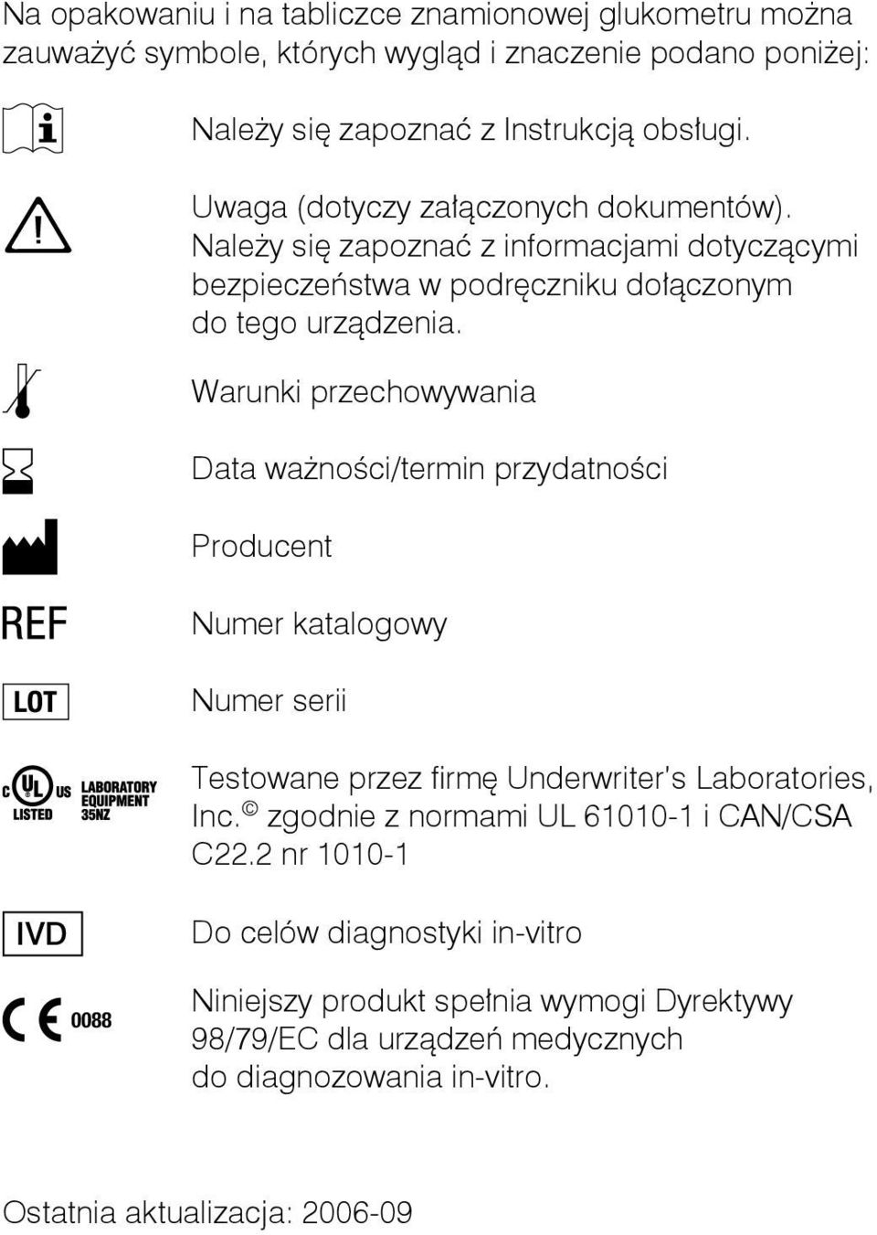 Warunki przechowywania Data ważności/termin przydatności Producent Numer katalogowy Numer serii Testowane przez firmę Underwriter s Laboratories, Inc.