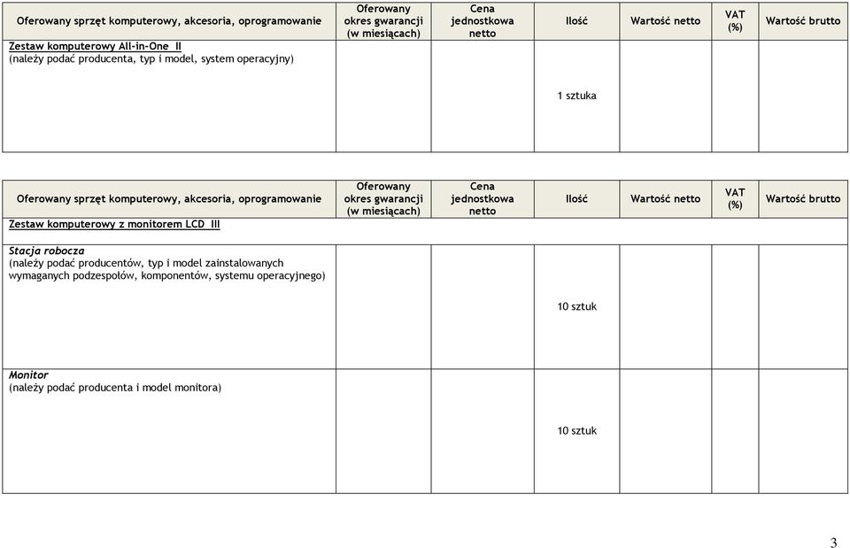 Zestaw komputerowy z monitorem LCD III Stacja robocza (należy podać producentów, typ i model