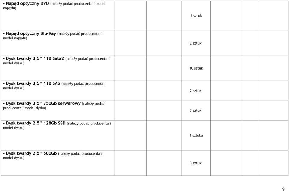 producenta i model dysku) - Dysk twardy 3,5 750Gb serwerowy (należy podać producenta i model dysku) - Dysk twardy 2,5