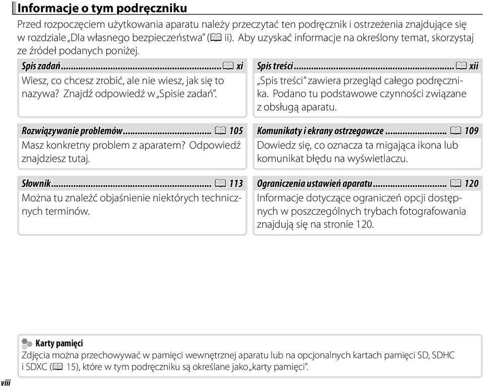 Znajdź odpowiedź w Spisie zadań. Spis treści zawiera przegląd całego podręcznika. Podano tu podstawowe czynności związane z obsługą aparatu. Rozwiązywanie problemów.