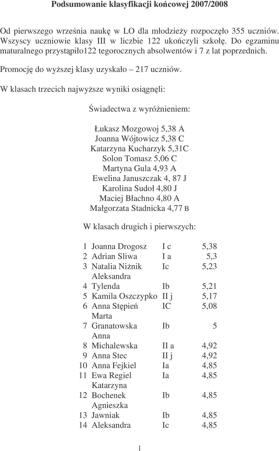 W klasach trzecich najwysze wyniki osignli: wiadectwa z wyrónieniem: Łukasz Mozgowoj 5,38 A Joanna Wójtowicz 5,38 C Katarzyna Kucharzyk 5,31C Solon Tomasz 5,06 C Martyna Gula 4,93 A Ewelina