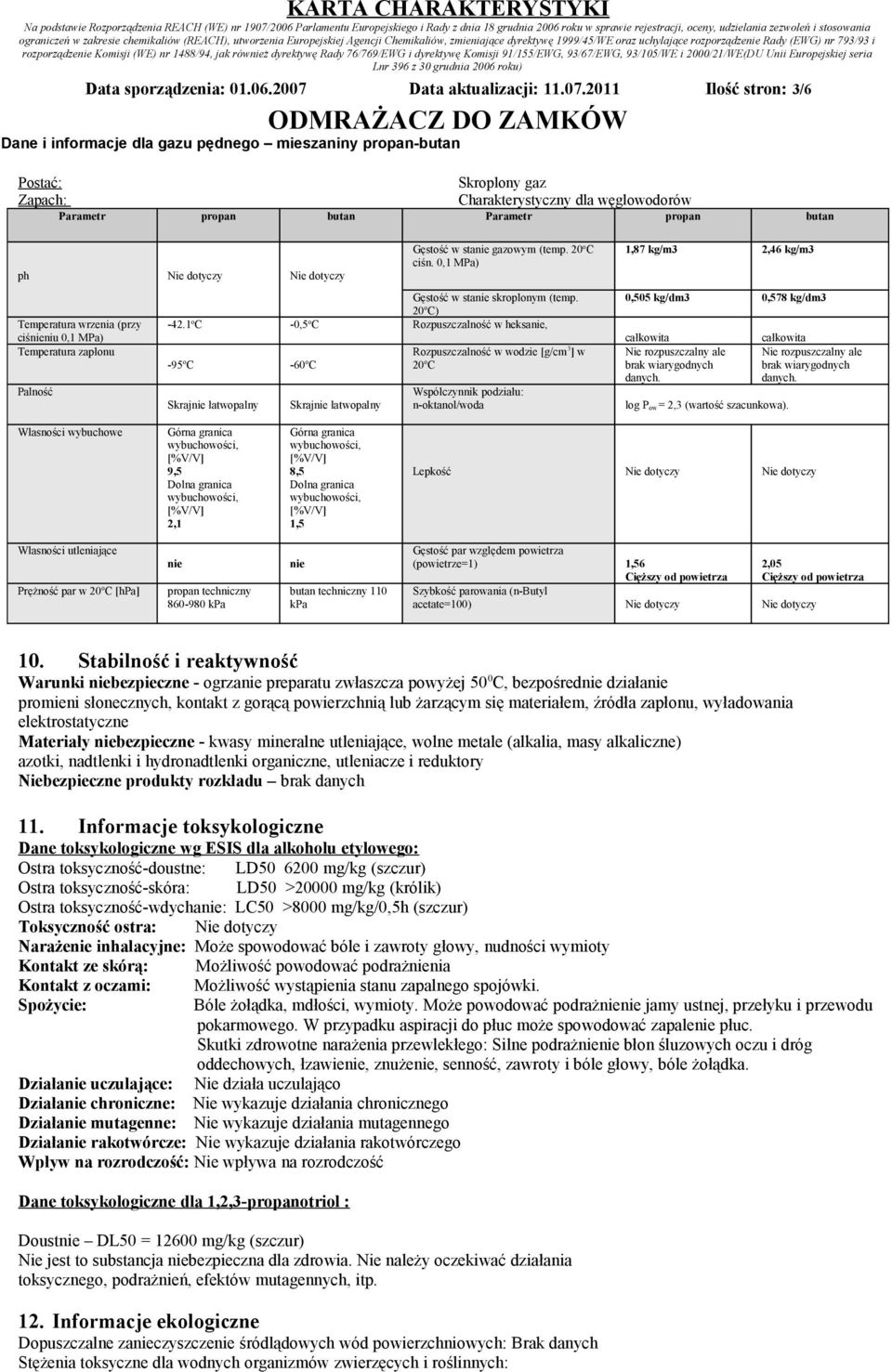 2011 Ilość stron: 3/6 Dane i informacje dla gazu pędnego mieszaniny propan-butan Postać: Skroplony gaz Zapach: Charakterystyczny dla węglowodorów Parametr propan butan Parametr propan butan ph Nie