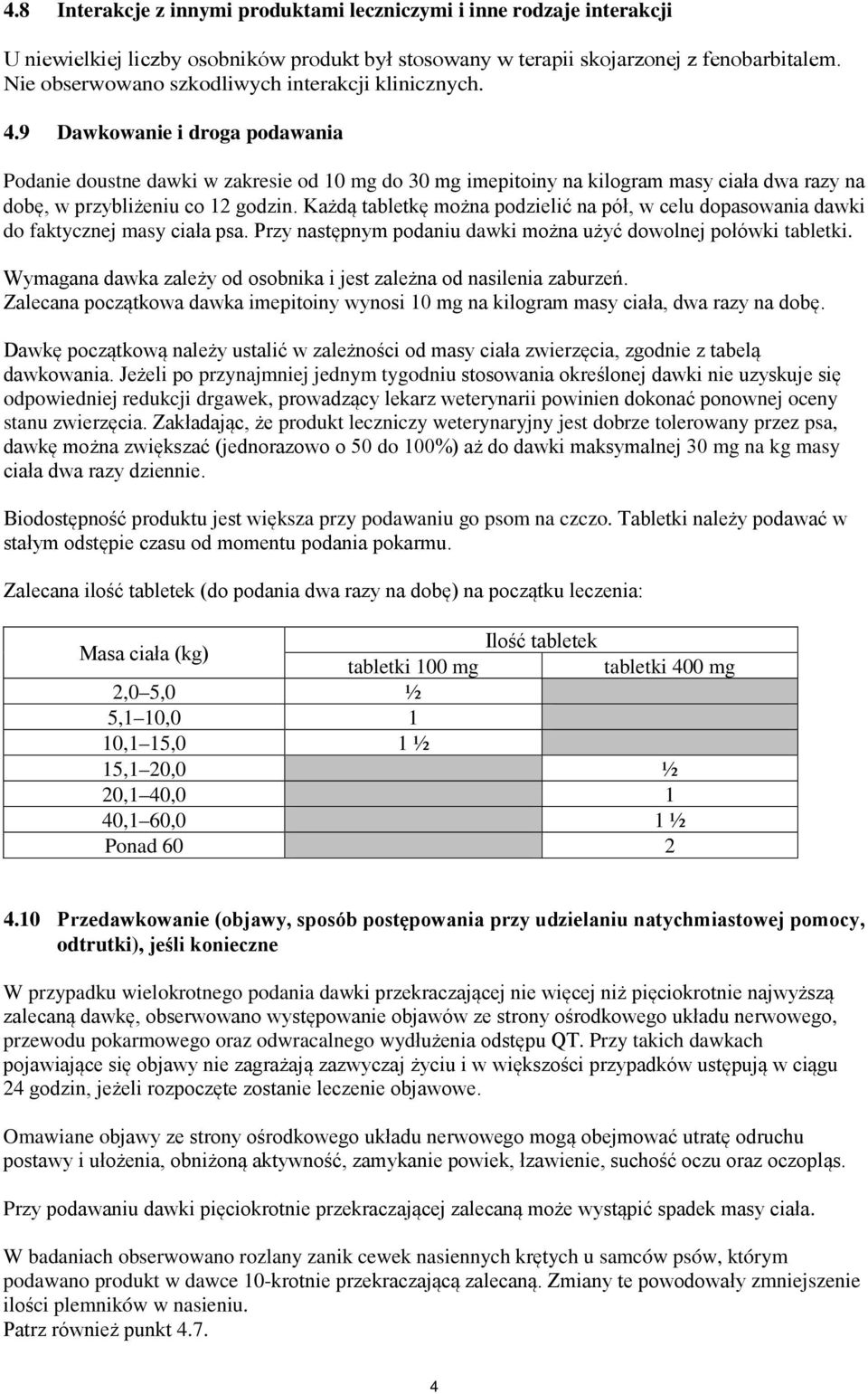 9 Dawkowanie i droga podawania Podanie doustne dawki w zakresie od 10 mg do 30 mg imepitoiny na kilogram masy ciała dwa razy na dobę, w przybliżeniu co 12 godzin.