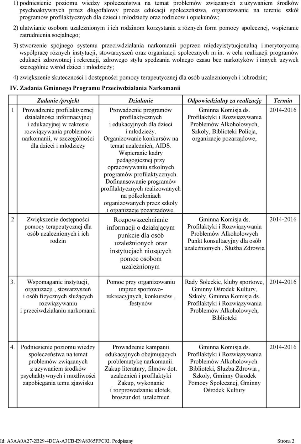 socjalnego; 3) stworzenie spójnego systemu przeciwdziałania narkomanii poprzez międzyistytucjonalną i merytoryczną współpracę różnych ins