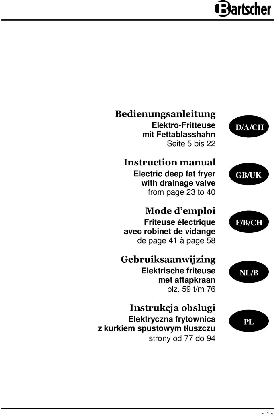 de page 41 à page 58 Gebruiksaanwijzing Elektrische friteuse met aftapkraan blz.