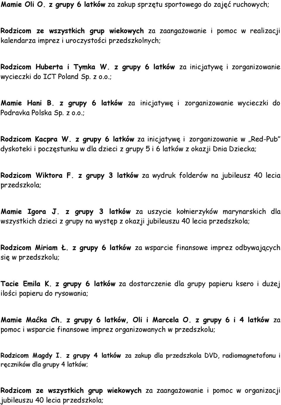 Huberta i Tymka W. z grupy 6 latków za inicjatywę i zorganizowanie wycieczki do ICT Poland Sp. z o.o.; Mamie Hani B. z grupy 6 latków za inicjatywę i zorganizowanie wycieczki do Podravka Polska Sp.