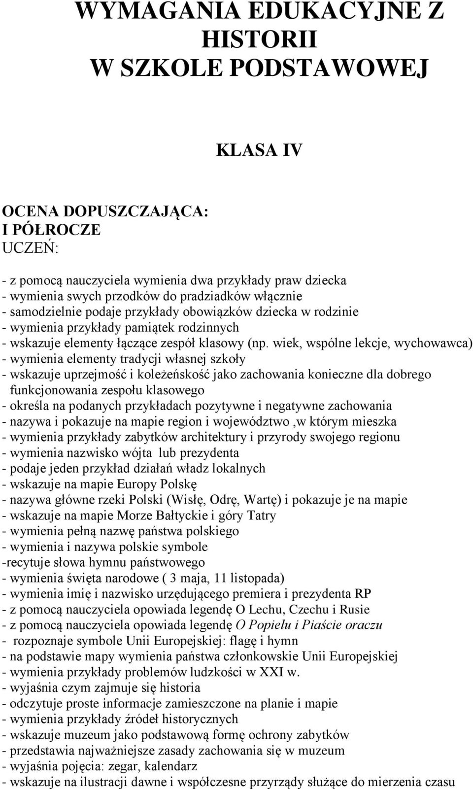 wiek, wspólne lekcje, wychowawca) - wymienia elementy tradycji własnej szkoły - wskazuje uprzejmość i koleżeńskość jako zachowania konieczne dla dobrego funkcjonowania zespołu klasowego - określa na