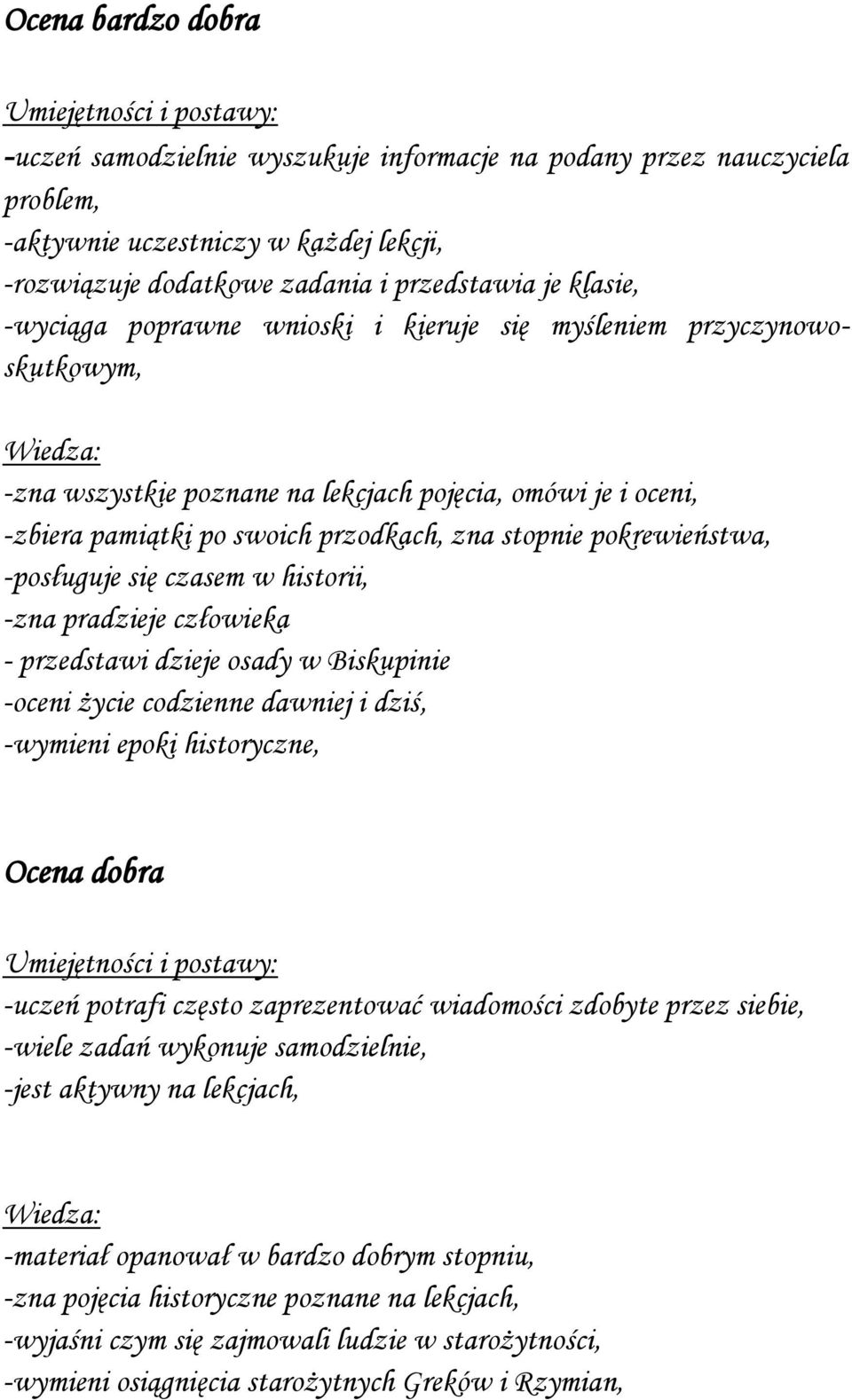 -posługuje się czasem w historii, -zna pradzieje człowieka - przedstawi dzieje osady w Biskupinie -oceni życie codzienne dawniej i dziś, -wymieni epoki historyczne, Ocena dobra -uczeń potrafi często