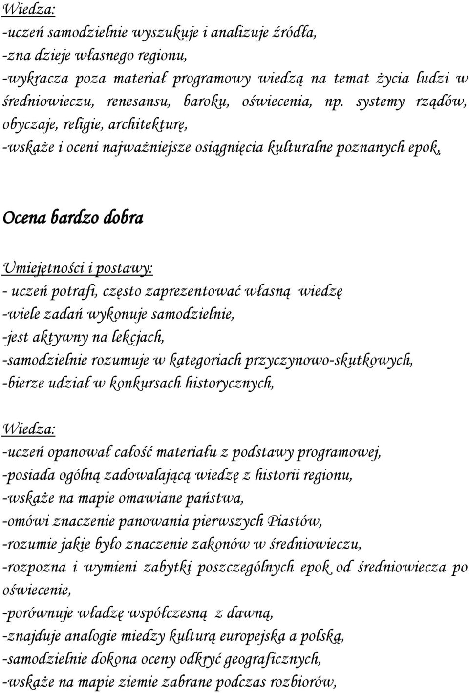 zadań wykonuje samodzielnie, -jest aktywny na lekcjach, -samodzielnie rozumuje w kategoriach przyczynowo-skutkowych, -bierze udział w konkursach historycznych, -uczeń opanował całość materiału z