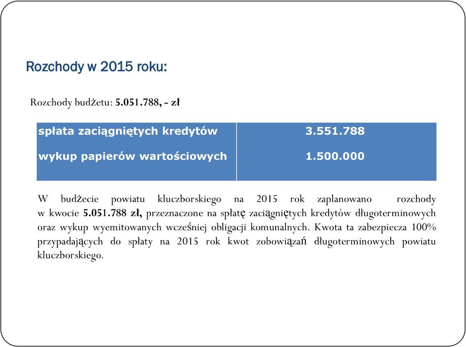 788 zł, przeznaczone na spłatę zaciągniętych kredytów długoterminowych oraz wykup wyemitowanych wcześniej obligacji