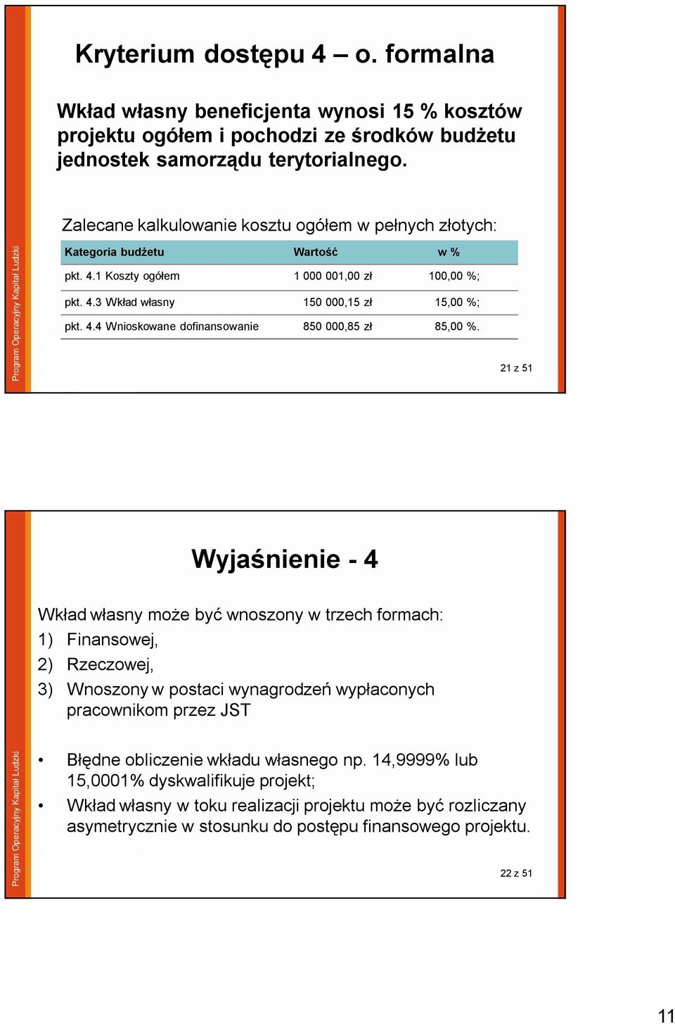 21 z 51 Wyjaśnienie - 4 Wkład własny może być wnoszony w trzech formach: 1) Finansowej, 2) Rzeczowej, 3) Wnoszony w postaci wynagrodzeń wypłaconych pracownikom przez JST Błędne obliczenie wkładu