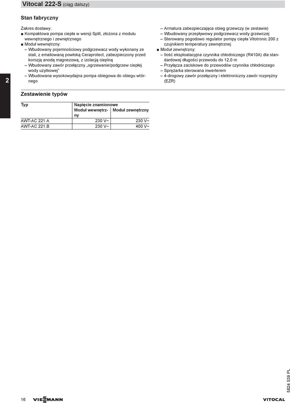 Wbudowana wysokowydajna pompa obiegowa do obiegu wtórnego Zestawienie typów Typ Napięcie znamionowe Moduł wewnętrzny Moduł zewnętrzny AWT-AC 221.A 230 V~ 230 V~ AWT-AC 221.