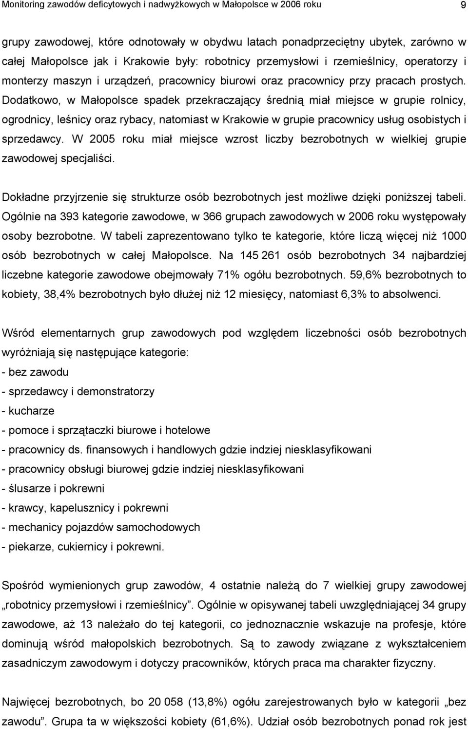 Dodatkowo, w Małopolsce spadek przekraczający średnią miał miejsce w grupie rolnicy, ogrodnicy, leśnicy oraz rybacy, natomiast w Krakowie w grupie pracownicy usług osobistych i sprzedawcy.