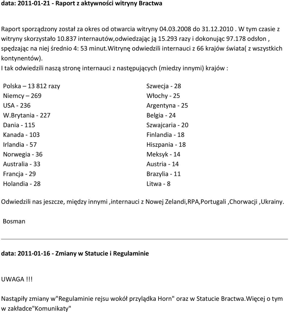 I tak odwiedzili naszą stronę internauci z następujących (miedzy innymi) krajów : Polska 13 812 razy Niemcy 269 USA - 236 W.