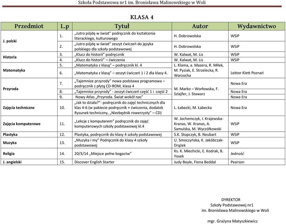 Miłek, Matematyka M. Pyziak, E. Strzelecka, R. 6. Matematyka z klasą zeszyt ćwiczeń 1 i 2 dla klasy 4. Warzocha Lektor Klett Poznań Przyroda Tajemnice przyrody nowa podstawa programowa 7.