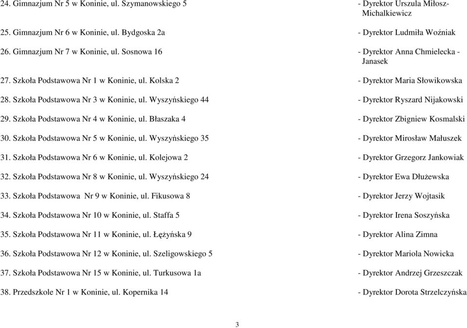 Wyszyńskiego 44 - Dyrektor Ryszard Nijakowski 29. Szkoła Podstawowa Nr 4 w Koninie, ul. Błaszaka 4 - Dyrektor Zbigniew Kosmalski 30. Szkoła Podstawowa Nr 5 w Koninie, ul.