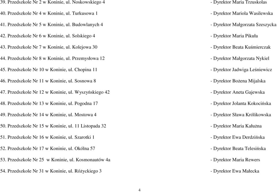 Przedszkole Nr 8 w Koninie, ul. Przemysłowa 12 - Dyrektor Małgorzata Nykiel 45. Przedszkole Nr 10 w Koninie, ul. Chopina 11 - Dyrektor Jadwiga Leśniewicz 46. Przedszkole Nr 11 w Koninie, ul.