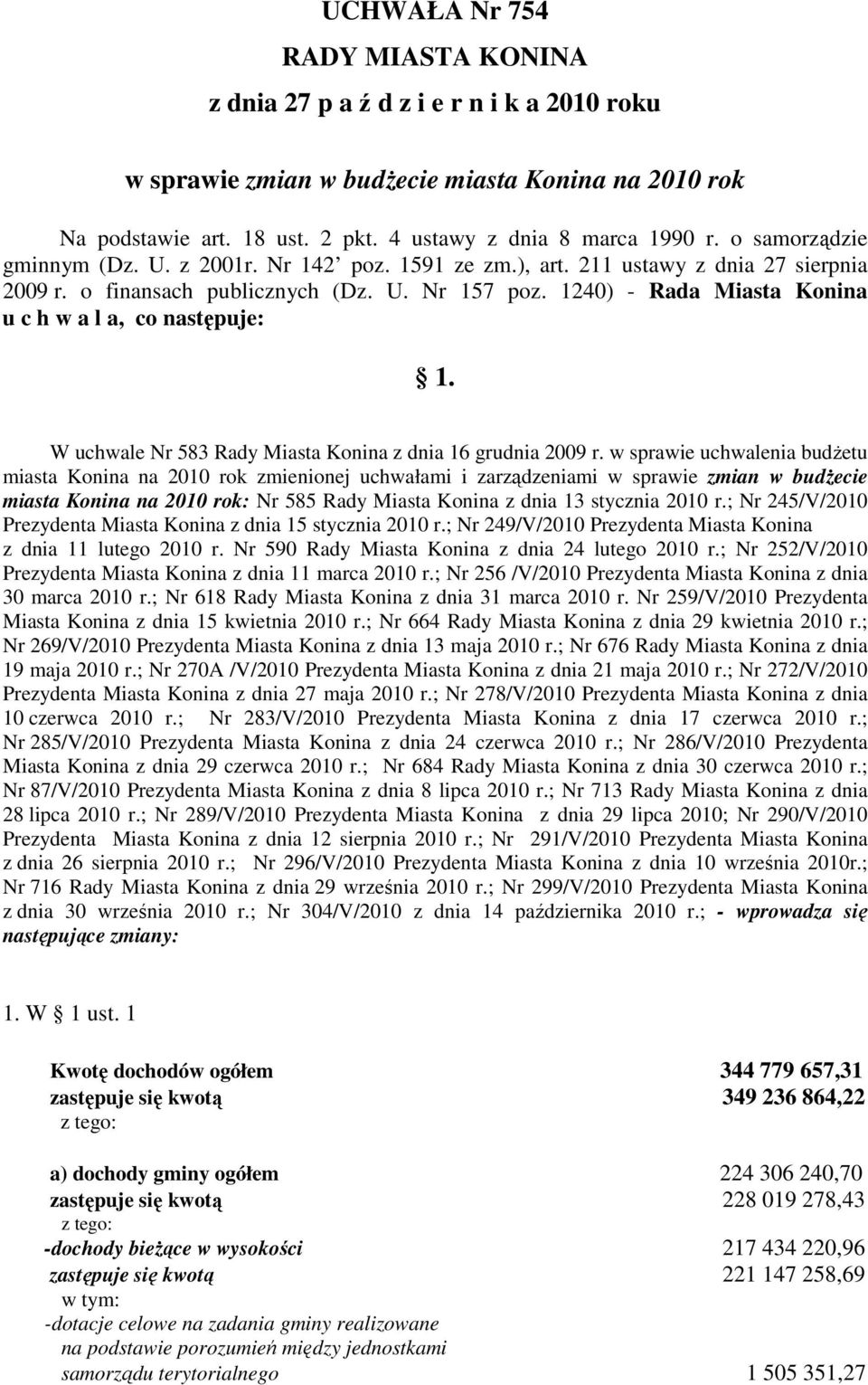 1240) - Rada Miasta Konina u c h w a l a, co następuje: 1. W uchwale Nr 583 Rady Miasta Konina z dnia 16 grudnia 2009 r.